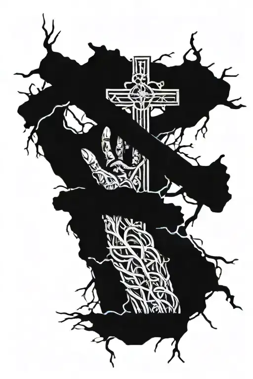 Cross With Tree Roots Wrapping Around The Arm Going Down To The Hand