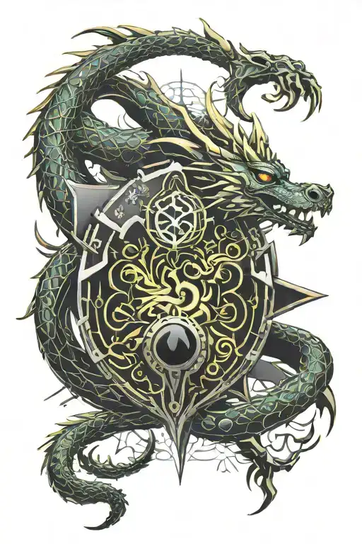Heraldic Dragon Serpent Surrounding Oval Shield