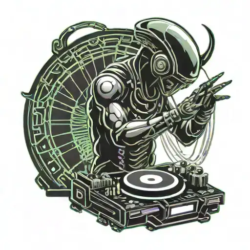 Alien Dj Playing A Cdj On The Stage Of A Pvt Decorated In The Style Of Ufo And Outer Space