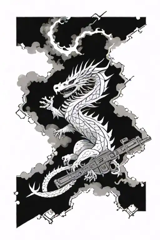 White Dragon With Battle Suit And Ak47 Near Clouds
