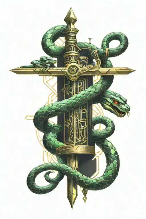 Two Snakes Wrapped Around A Sword With Books At The Point