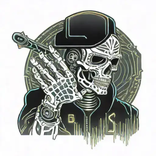 Skeleton In Welding Mask Welds Frame Of Hand With Sword