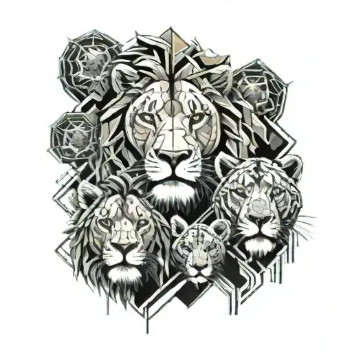 Lion With Lioness Surrounded With 3 Cubs Face Only