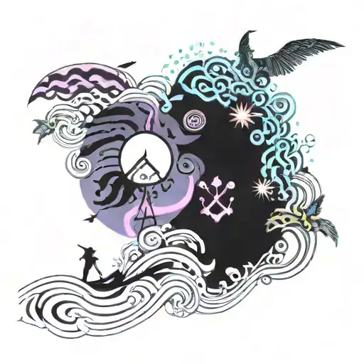 A Psychedelic Beach Scene With Friends Flying In Waves Made Of Trippy Patterns