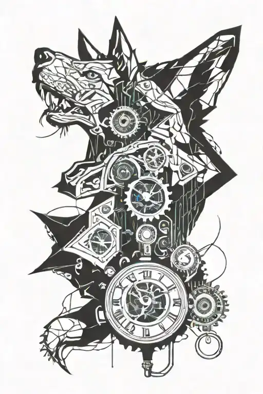 Wolf Looking Forward With Pocket Watch Mechanism Intertwined