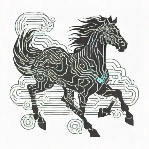 Wild Stallion Running Through A Field With A River And Mountains In The Background