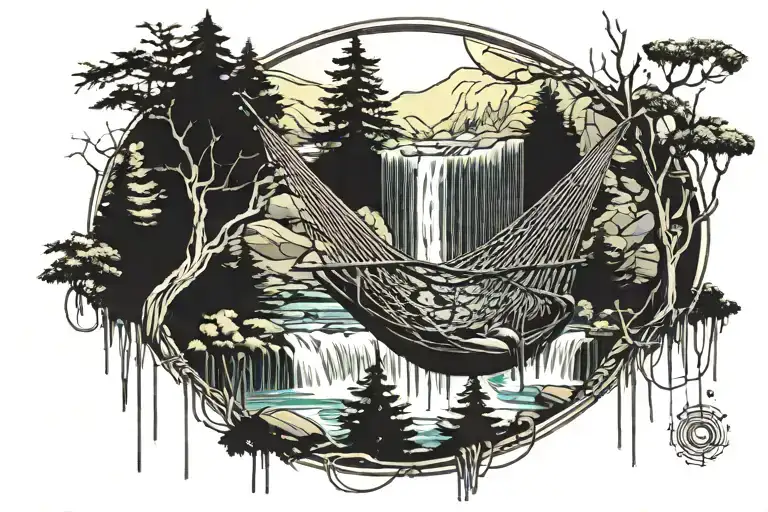 A Hammock In The Woods Beside A Raging River With A Majestic Waterfall