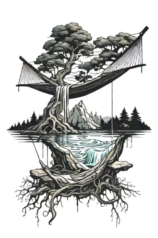 A Hammock In The Woods Beside A Raging River With A Majestic Waterfall