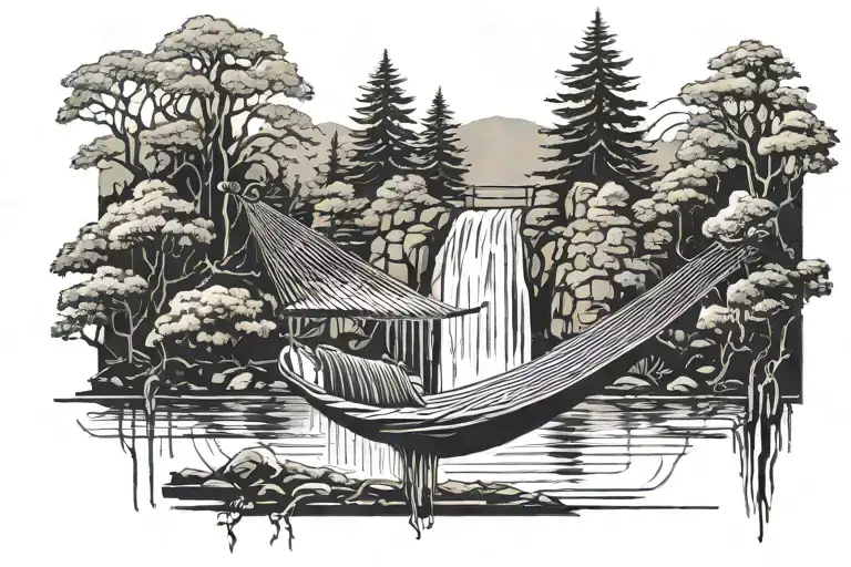 A Empty Hammock In The Woods Beside A Raging River With A Majestic Waterfall
