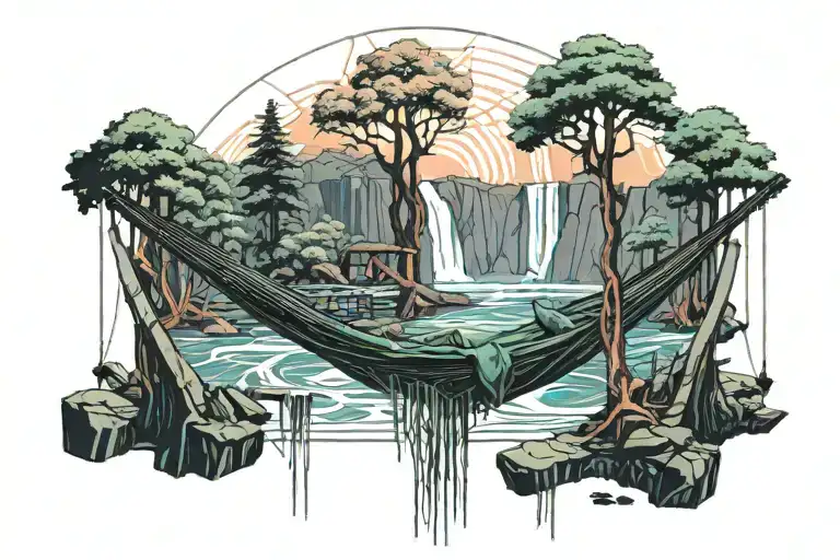A Hammock In The Woods Beside A Raging River With A Majestic Waterfall