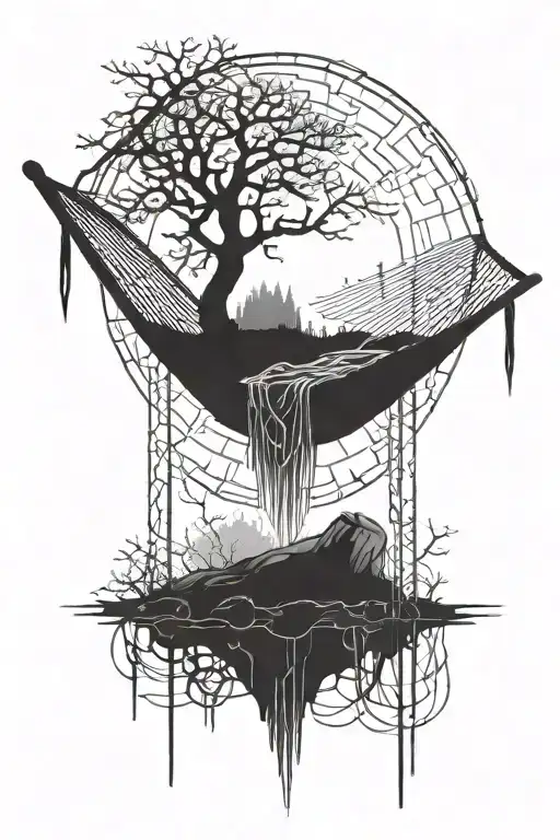 A Empty Hammock In The Woods Beside A Raging River With A Majestic Waterfall