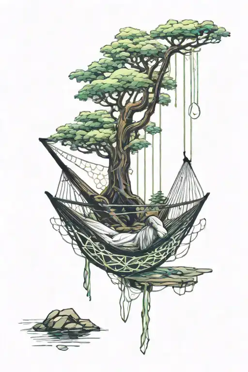 A Hammock In The Woods Beside A Raging River With A Majestic Waterfall