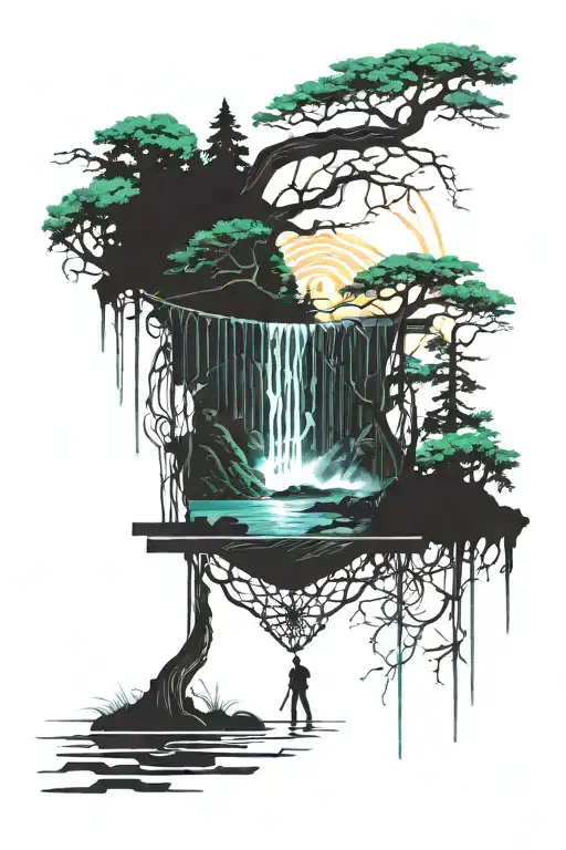 A Empty Hammock In The Woods Beside A Raging River With A Majestic Waterfall