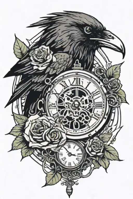 Unraveling Raven Holding A Broken Pocket Watch In Its Mouth Surrounded By Roses And A Banner