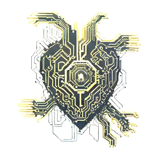 Black And Gold Circuit Board Connected By Wires To A Realistic Human Heart Blood