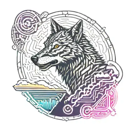 Neosigilism Tattoo In The Form Of A Wolf On A Hill