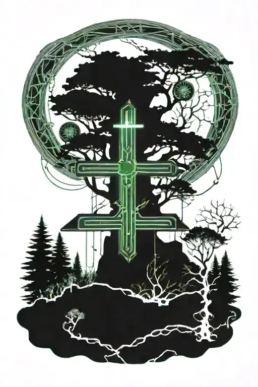 A Serene Forest With A Hidden Cross Among The Trees