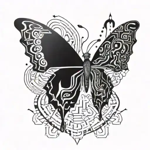 2 Line Of Cyber Tribal Tattoo With A Butterfly Middel Of It