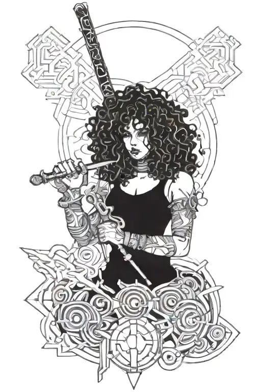 A Girl With Curly Hair And A Katana In Her Hand