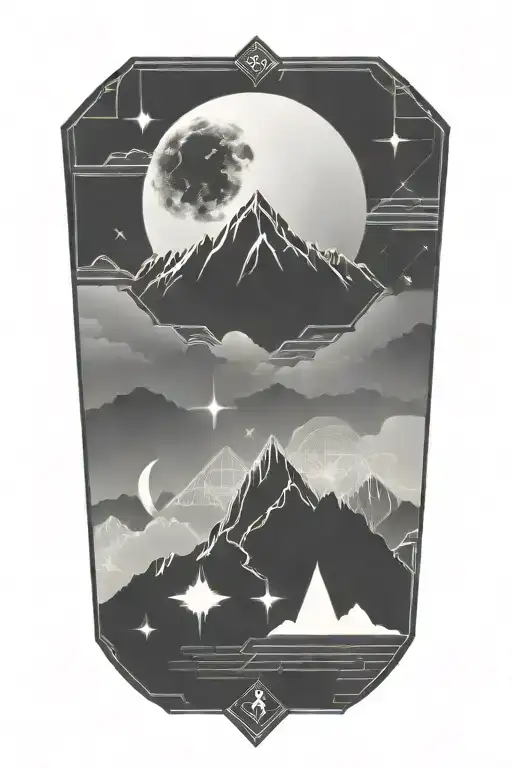 Moon And Mauntain With Long Straight Lines Above And Below