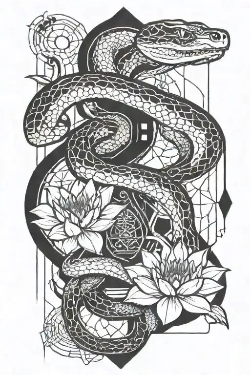 Snake And Lotus Flower And Money Tattoo