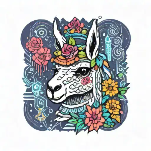 Colorful Llama With Flower Crown Knitting A Blanket