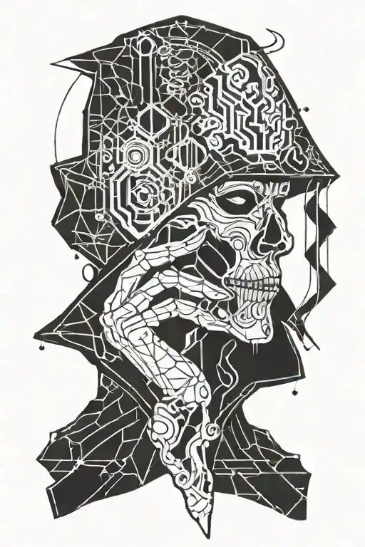 Death In A Black Cloak Blindfolded Shows A Finger Near His Lips To Remain Silent