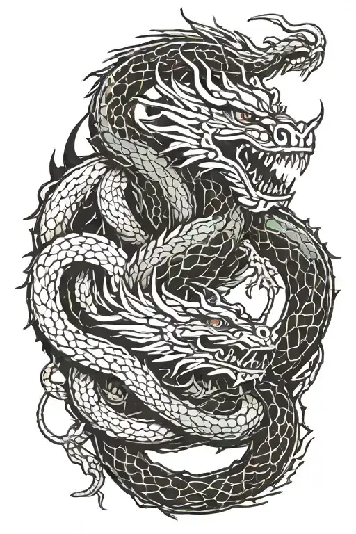 Japanese Dragon With 2 Snake Heads At The End Of Its Tail