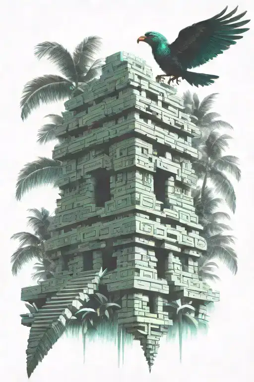 Quetzal Bird Mayan Temple In Banana Tree Forest