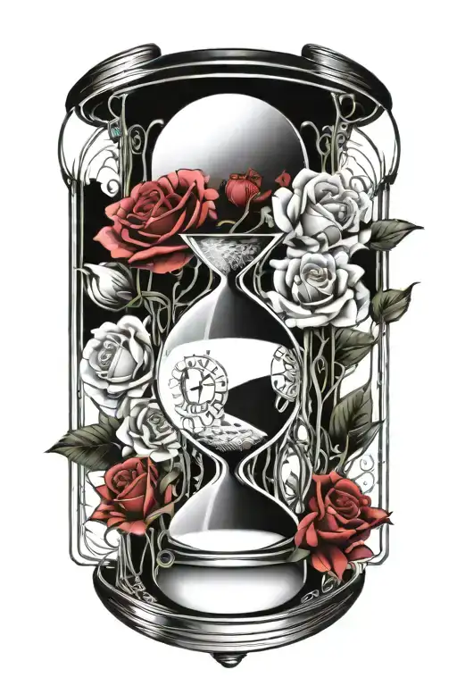 Hour Glass With Clock And Roses Blooming