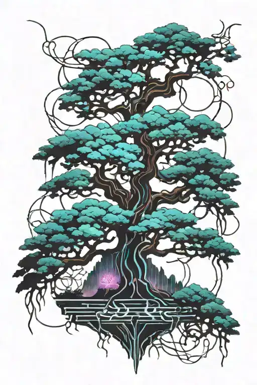 Long Japanese Tree Tattoo With Blue Leaves