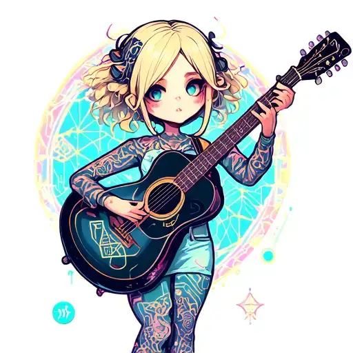 Blonde Chibi Girl With Messy Hair Playing Acoustic Guitar