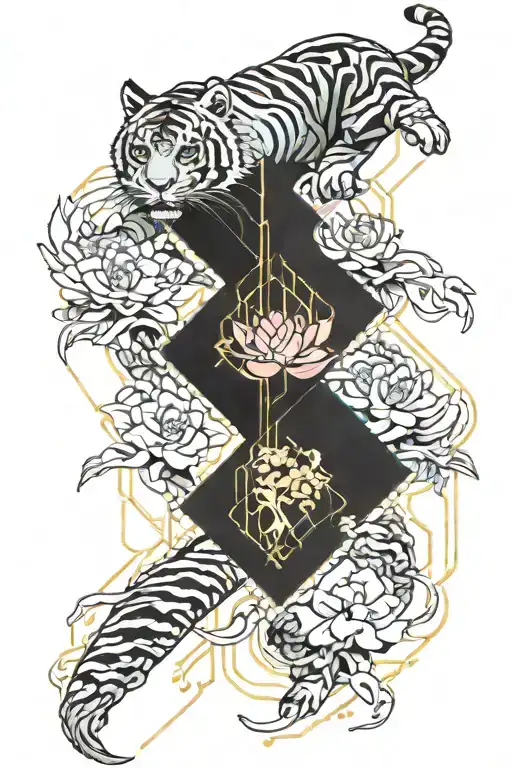 Tiger With Lotus And Koi Fish Swimming