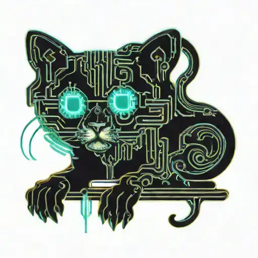 A Tattoo Of A Cat Programmer Coding On A Laptop With Digital Code Swirling Around Them