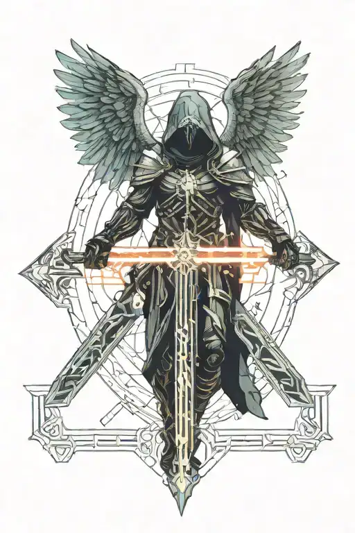 Archangel With Black Hood Holding Sword With A Big Cross Behind Him