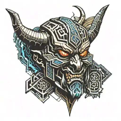 Oni Mask With A Bloodied Dagger In Its Mouth