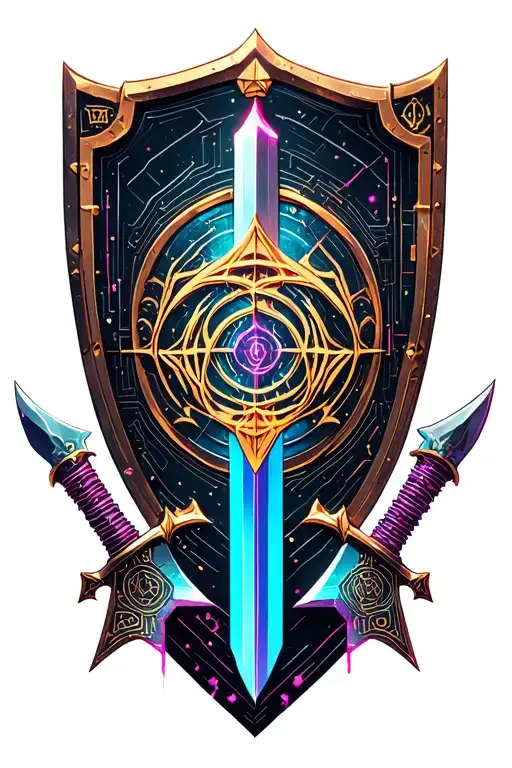 Two Daggers And Sword Hiden Behind A Shield