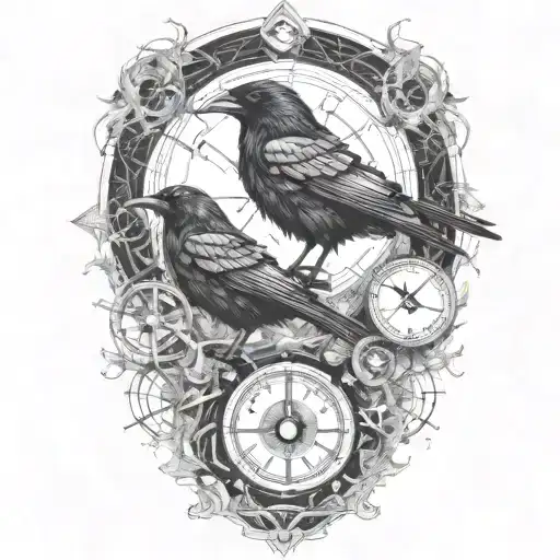 Raven Perched With Runes And Clockwork And Branches With Read Leaves