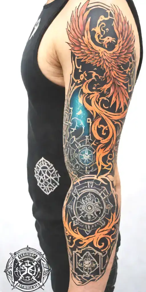 Firefighter Sleeve Tattoo Featuring Phoenix And Water