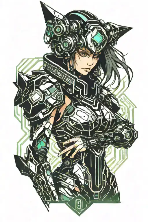 Anime Girl Wearing Armor In Cyberpunk Style Tattoo