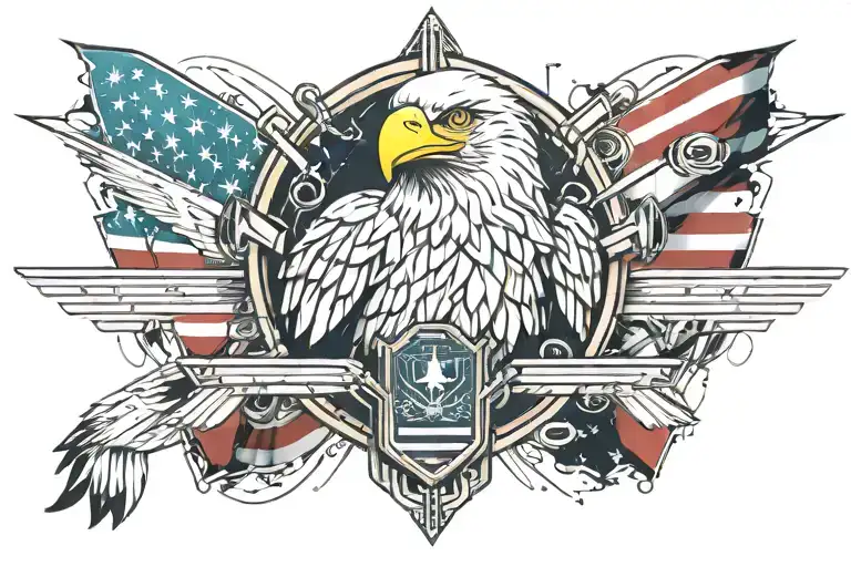 Bald Eagle With Flag Behind Him