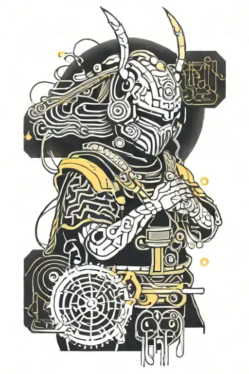 Samurai Warrior Holding His Mask Surrounded My Music Notes