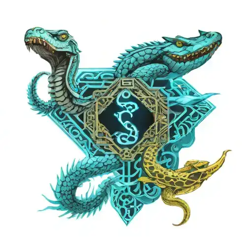 A Snake And A Crocodile Fighting In The Desert Breathing A Blue Flame
