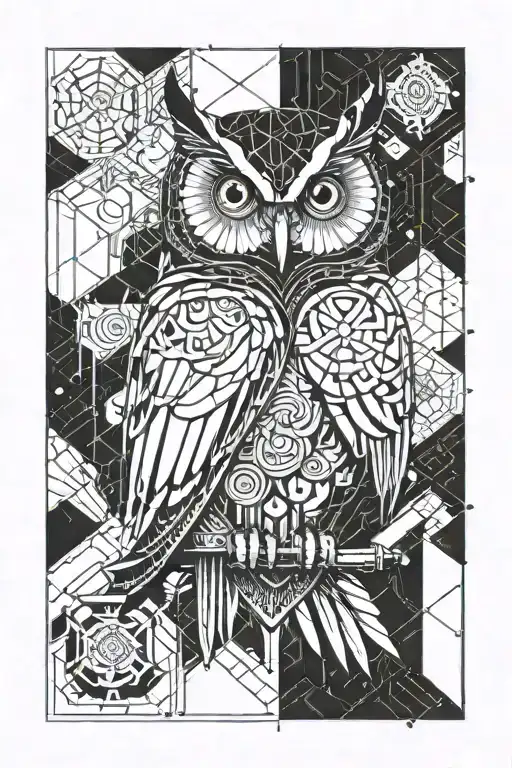 Owl With Nordic Patterns And Symbols Hanging On A Chain From Her Claws