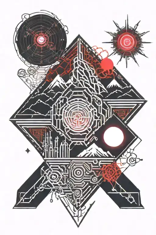 Forest And Mountains And Red Sun