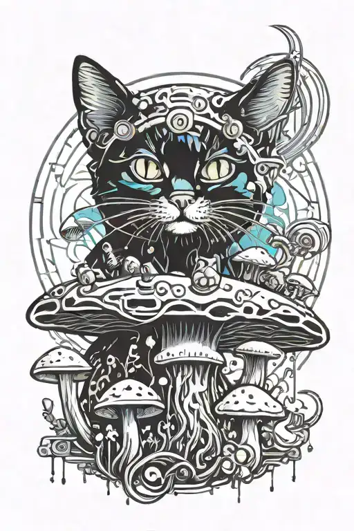 Melting Colorful Mushroom Black Cat With Moon