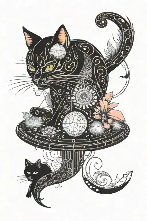 Colorful Mushroom Black Cat With Sun And Moon