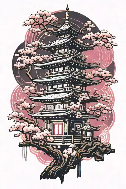 Japanese Pagoda With Cherry Blossom And Bonsai Tree