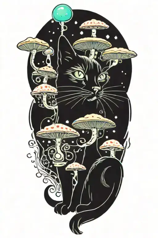Black Cat With 3 Eye Balls And Trippy Colorful Mushrooms With Moon Melting