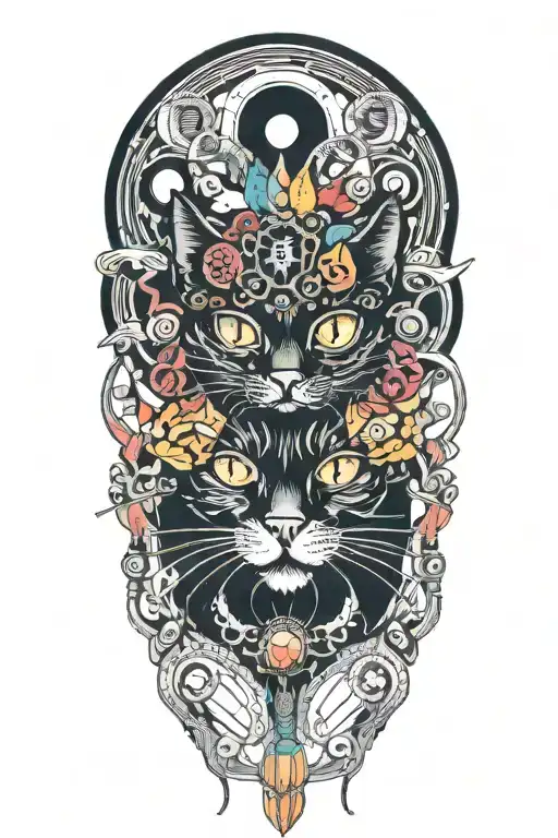 Black Cat With 3 Eye Balls And Trippy Colorful Mushrooms With Moon Melting